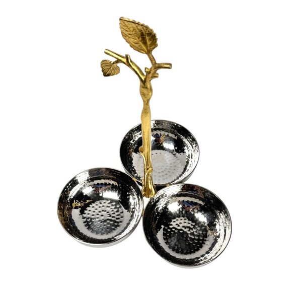 NEW Godinger Three Sectional Snack Serving Bowl Dish Stainless Steel Gold Leaf - Picture 2 of 9